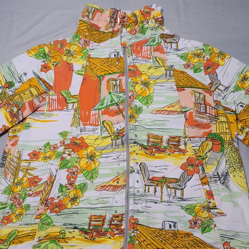 Onque Casuals Scenic Print Zip Jacket Women Large White Floral Rhinestone Toggle